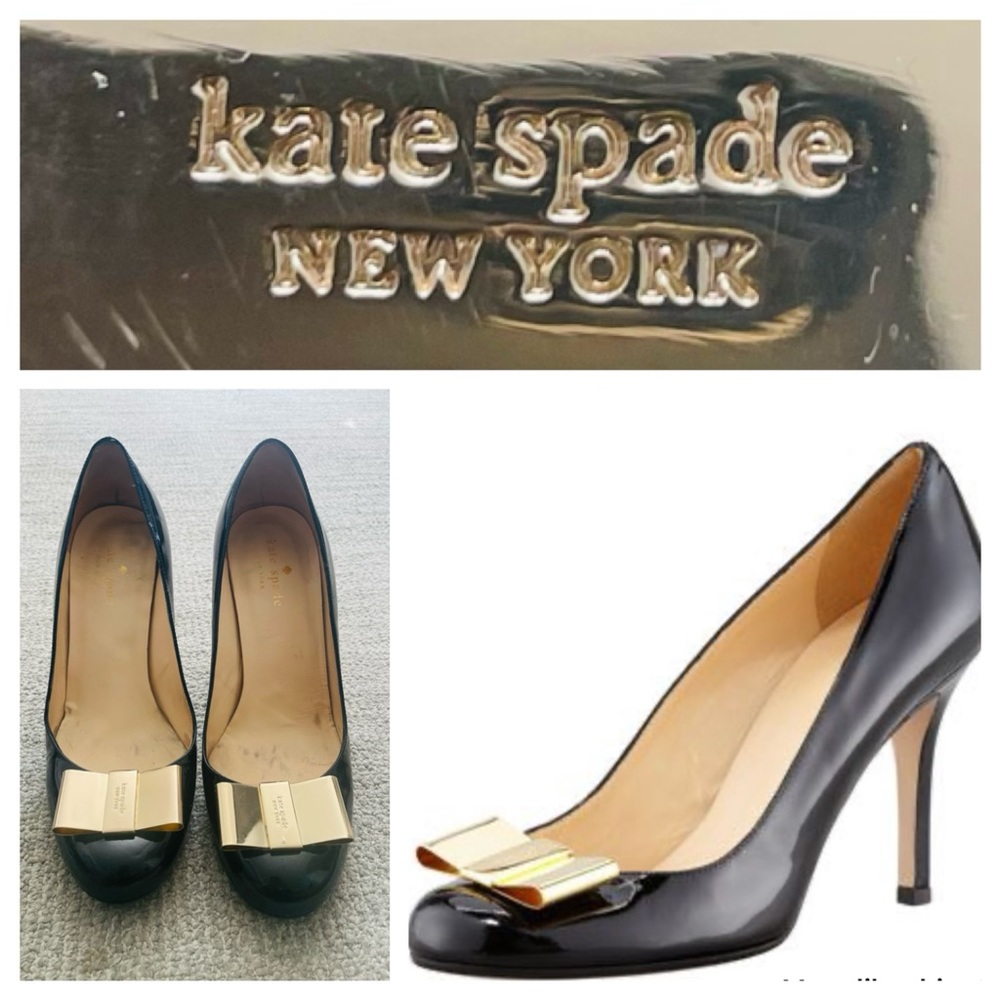 kate spade black patent leather bow pumps with gold-tone bow